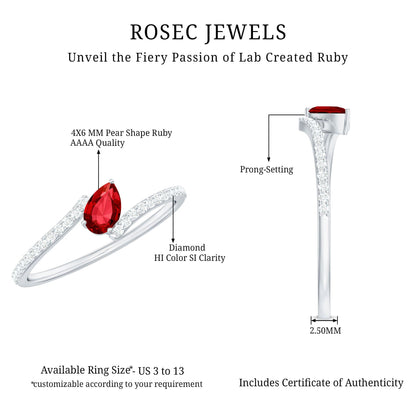 Pear Shape Lab Grown Ruby and Diamond Bypass Promise Ring