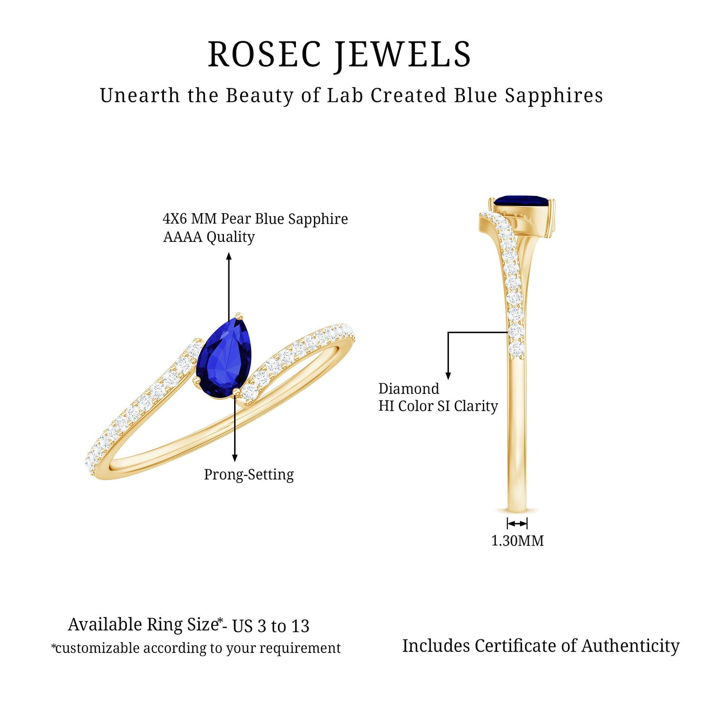 Certified Lab Created Blue Sapphire and Diamond Promise Ring with Bypass Shank
