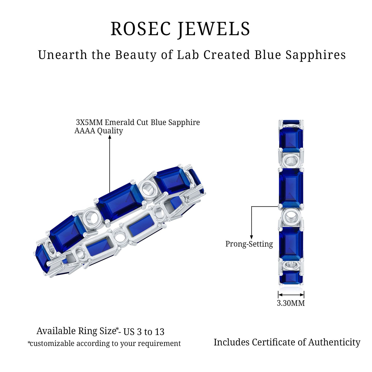 Certified Lab Grown Blue Sapphire Emerald Cut Eternity Band Ring
