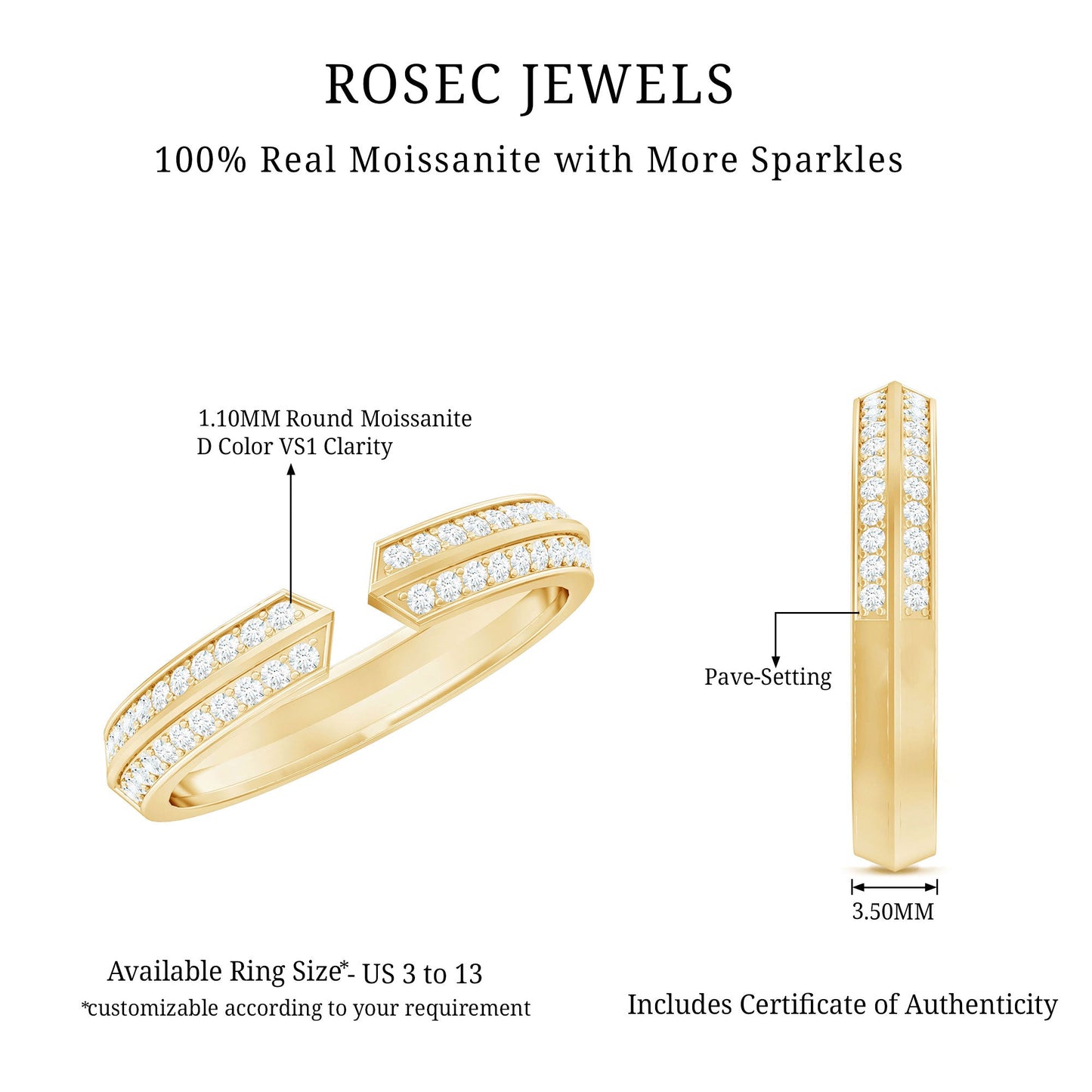 Certified Moissanite Open Cuff Ring for Women