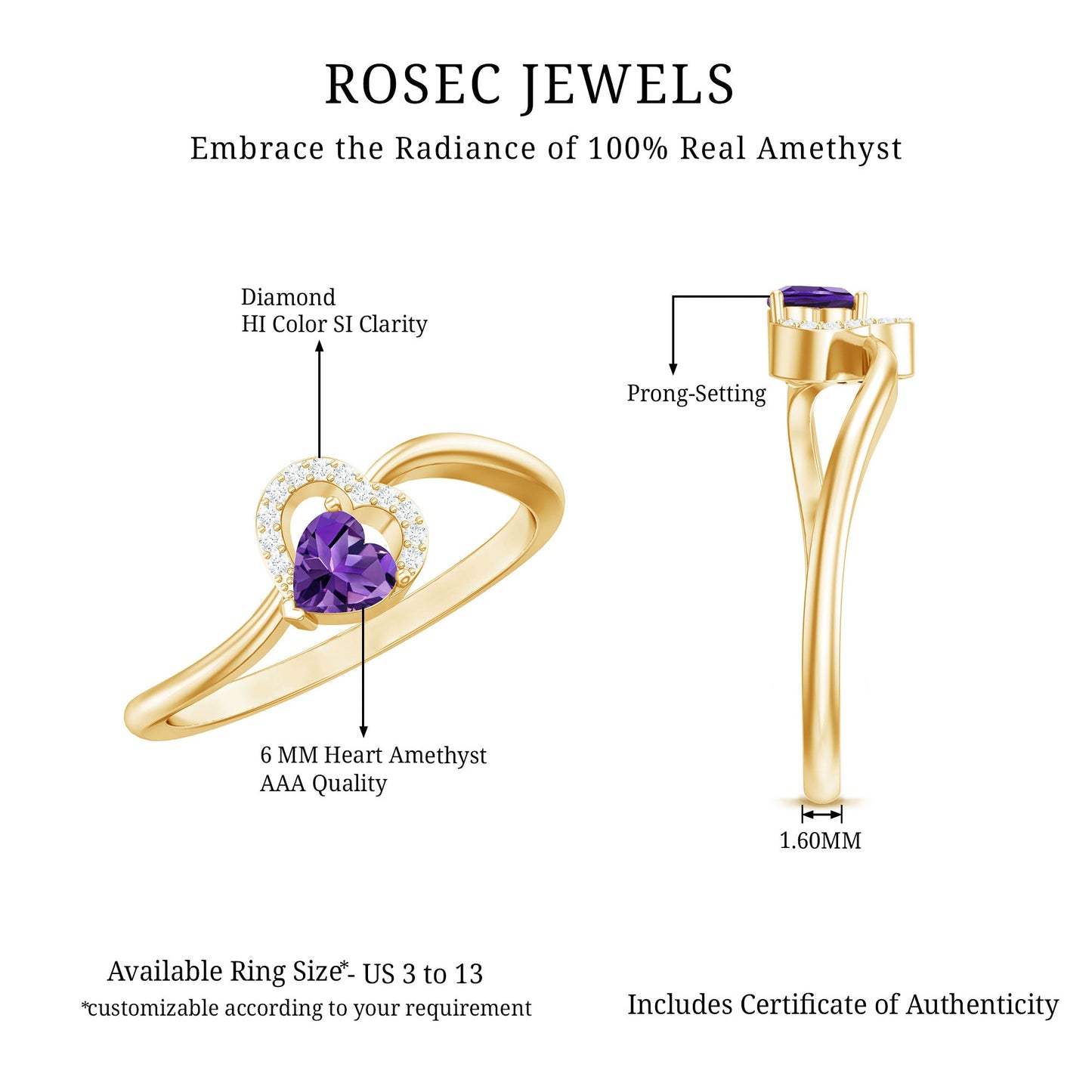 Real 0.9 Carat Amethyst Heart Promise Ring with Diamond