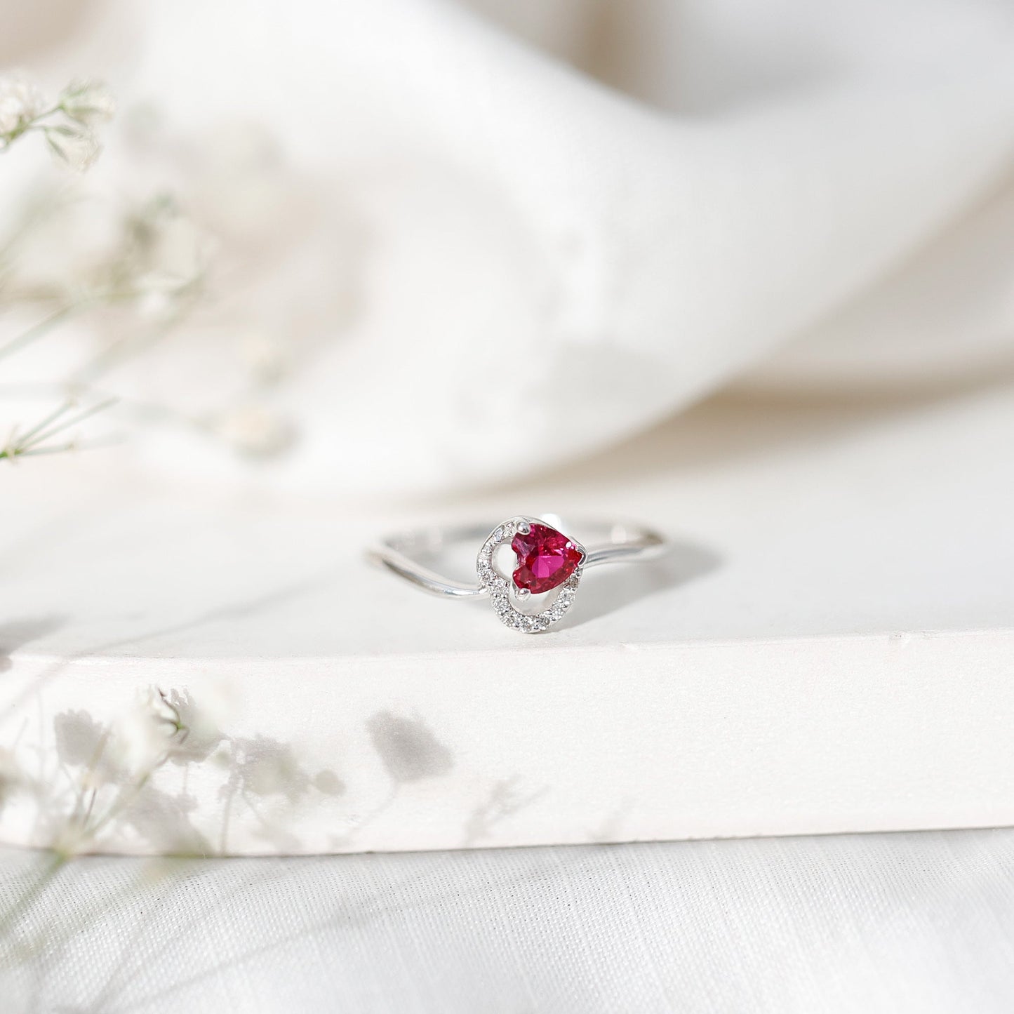 Heart Shape Lab Grown Ruby and Diamond Twisted Promise Ring