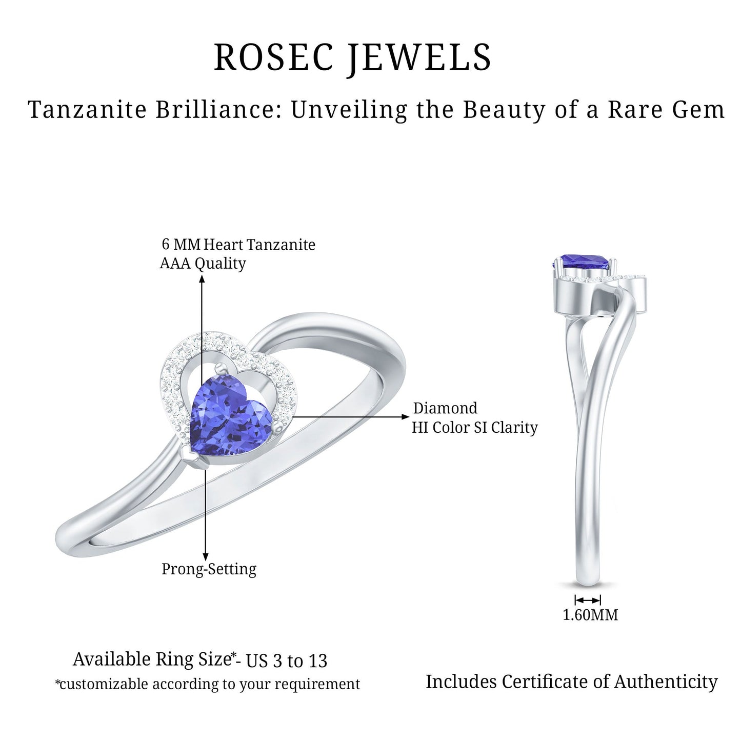 Natural Heart Shape Tanzanite Diamond Promise Ring for Valentines