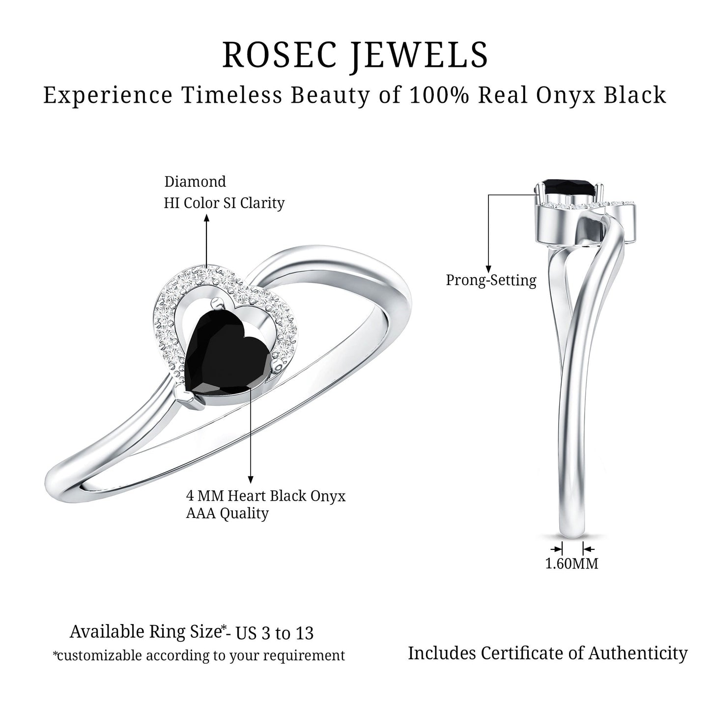 Genuine Black Onyx and Diamond Heart Promise Ring
