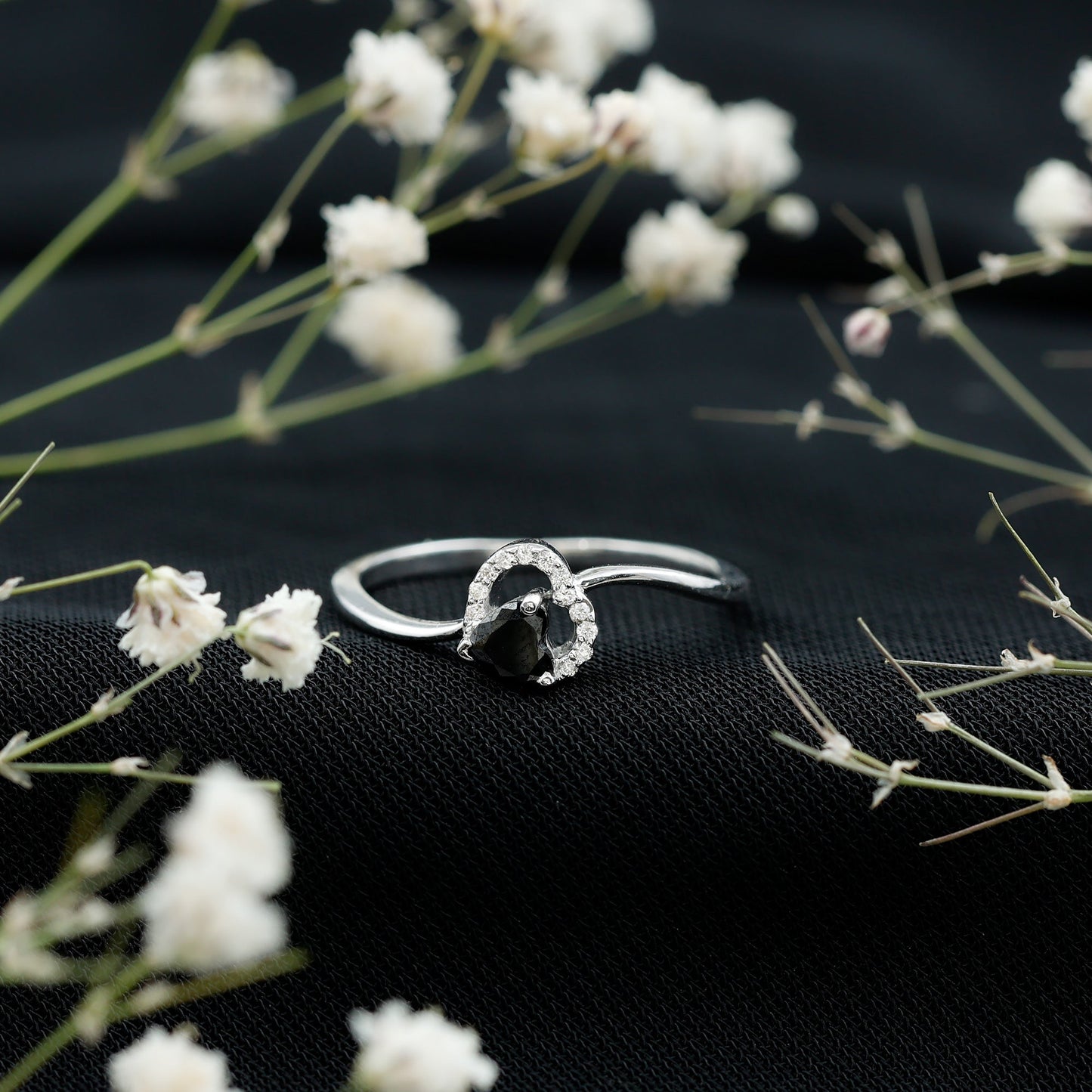 Natural Black Spinel Heart Promise Ring with Diamond