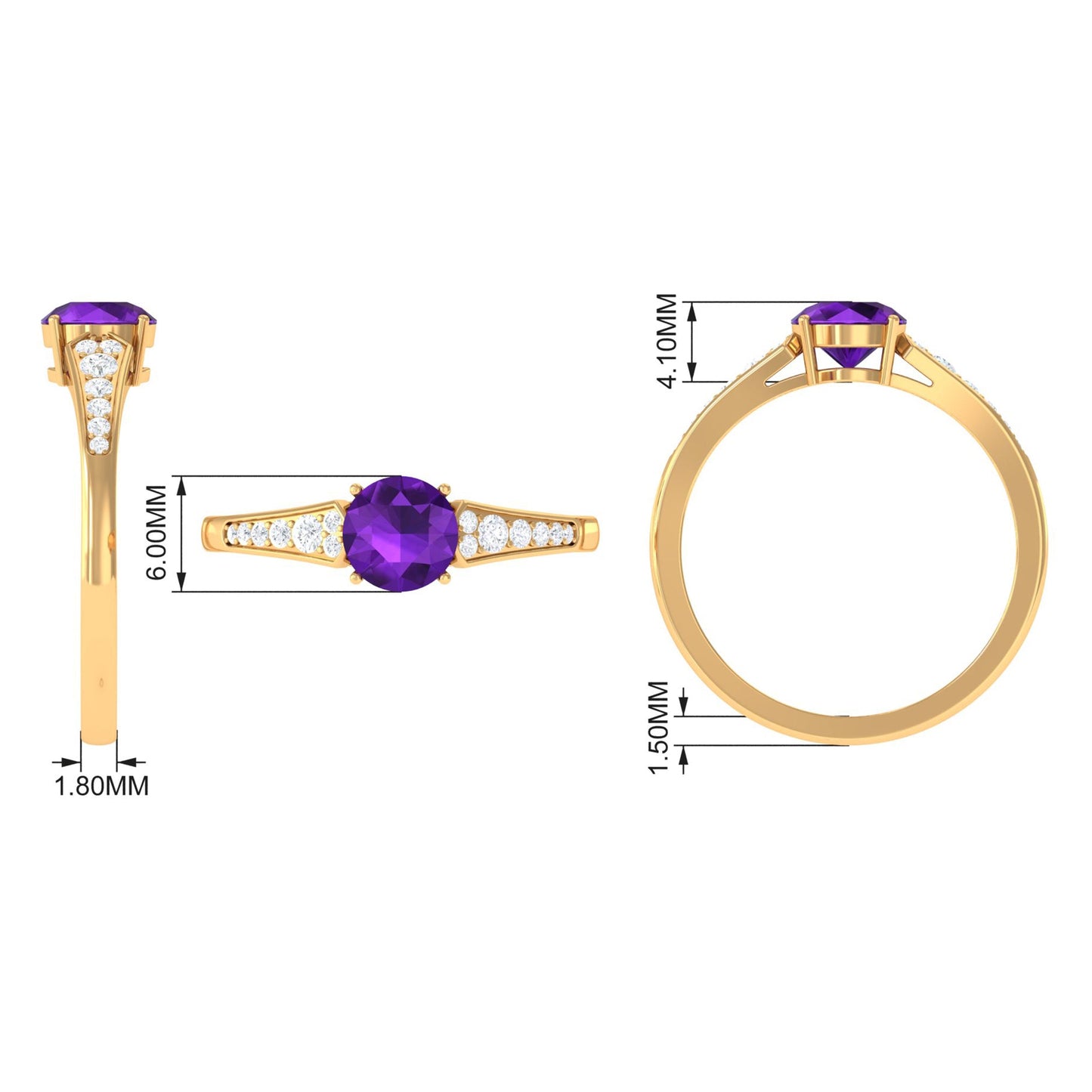 Natural 1.2 Carat Amethyst Engagement Ring with Diamond for Women