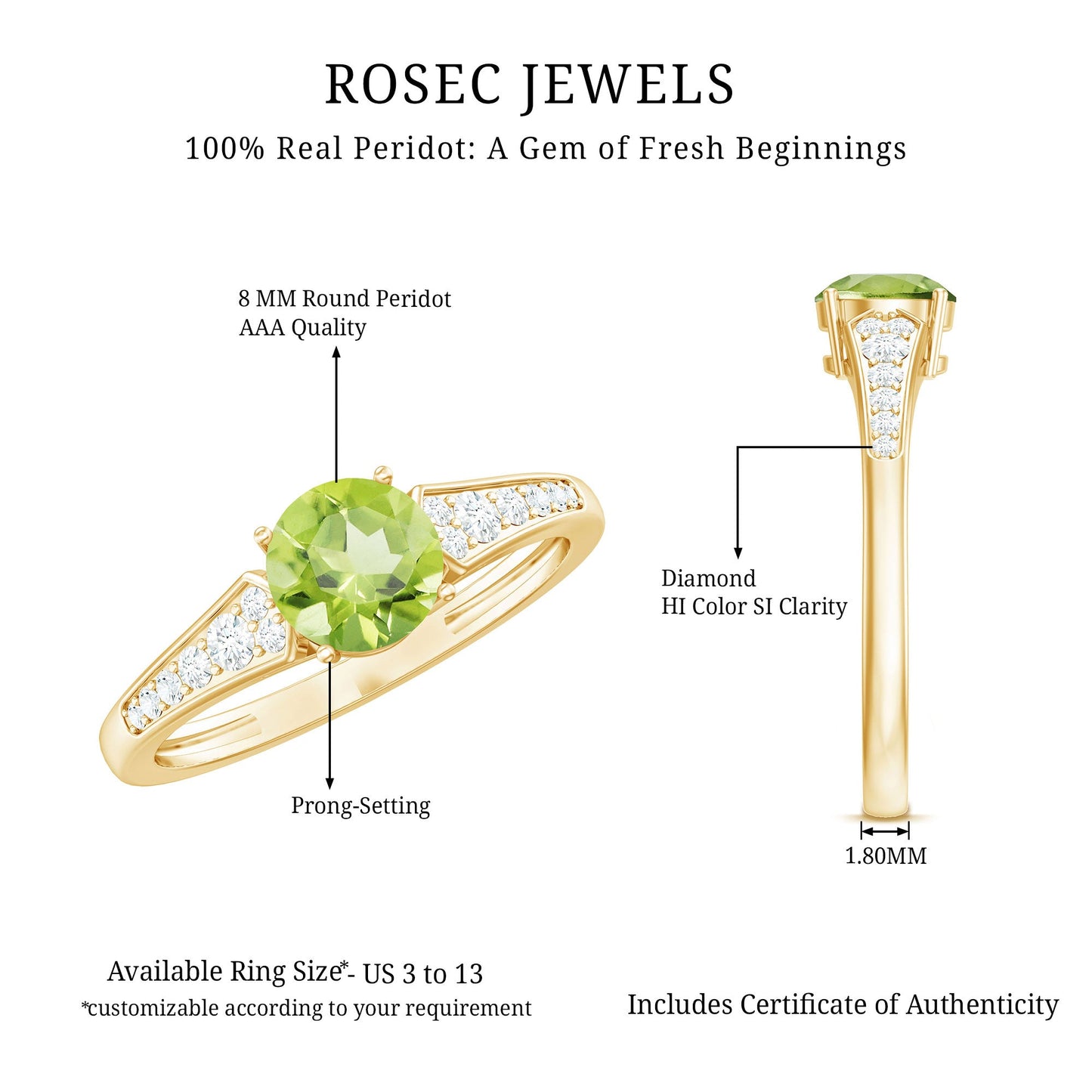 Natural Solitaire 2 Carat Peridot Engagement Ring with Diamond