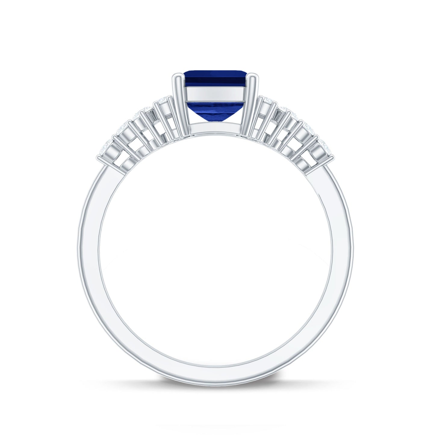 1.7 Carat Emerald Cut Lab Created Blue Sapphire Vintage Inspired Engagement Ring with Diamond