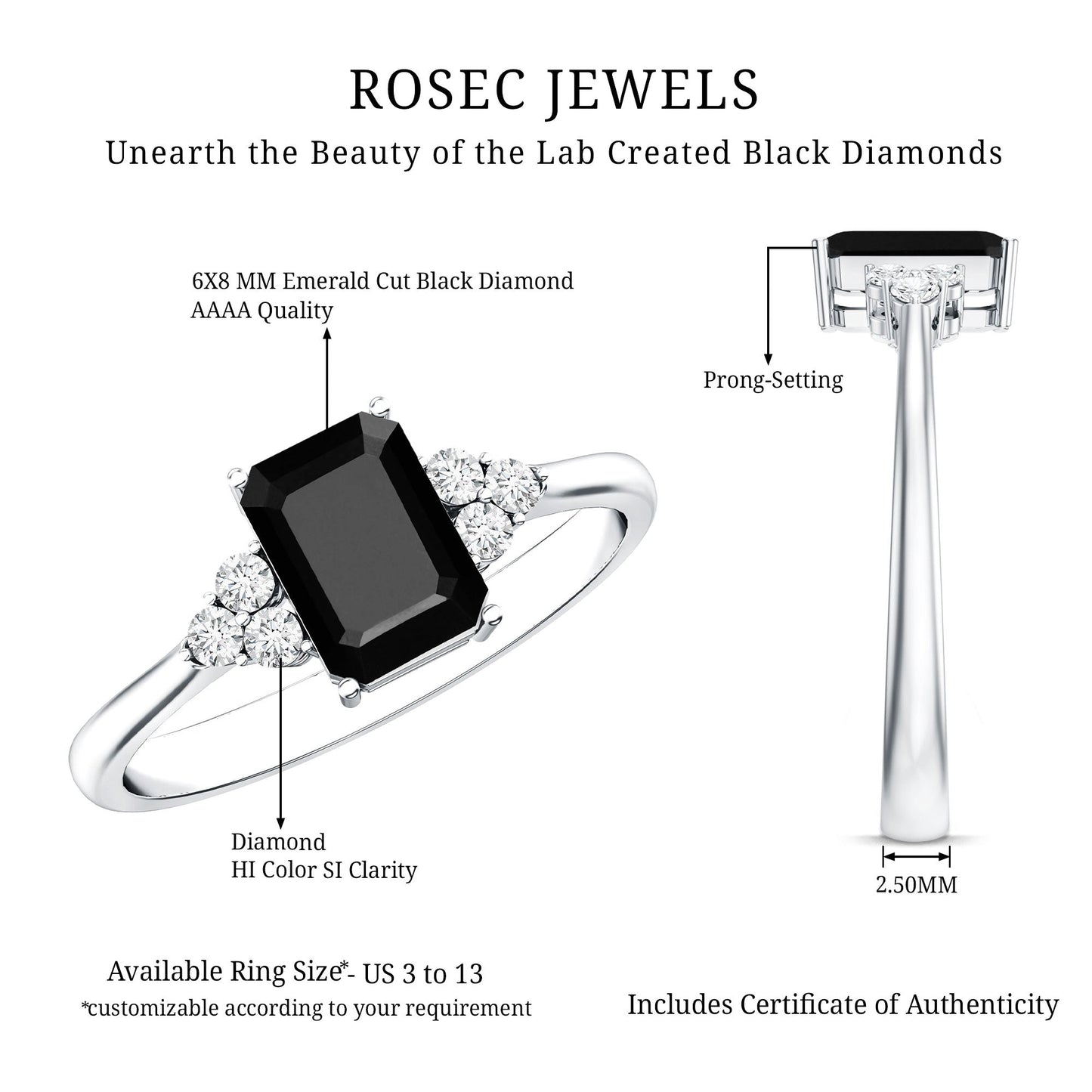 1.6 Carat Lab Grown Black Diamond Emerald Cut Engagement Ring with White Diamond