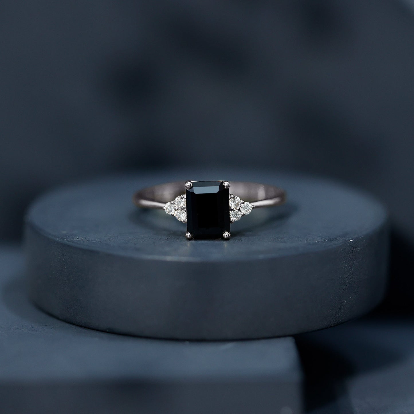 1.6 Carat Lab Grown Black Diamond Emerald Cut Engagement Ring with White Diamond