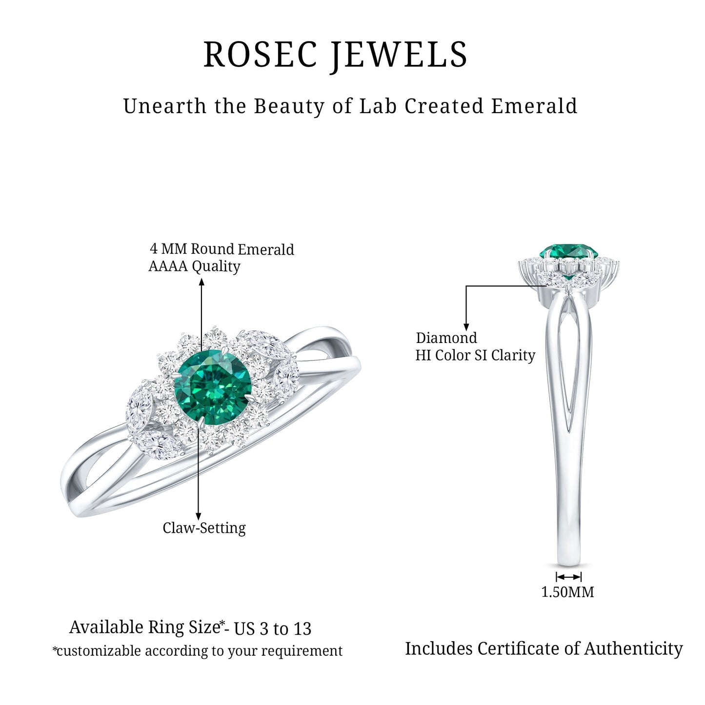 Certified Lab Grown Emerald Diamond Flower Engagement Ring with Split Shank