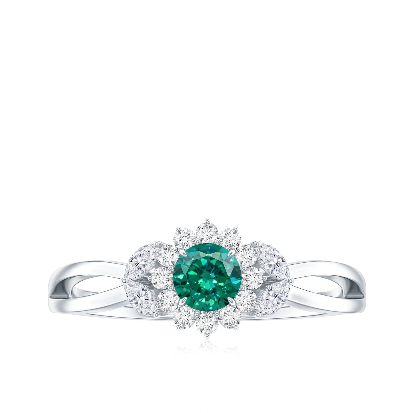 Certified Lab Grown Emerald Diamond Flower Engagement Ring with Split Shank