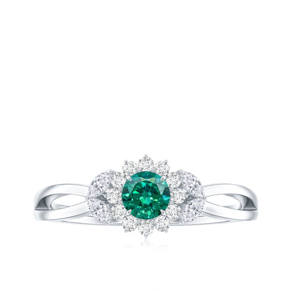 Certified Lab Grown Emerald Diamond Flower Engagement Ring with Split Shank