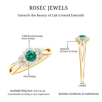 Certified Lab Grown Emerald Diamond Flower Engagement Ring with Split Shank