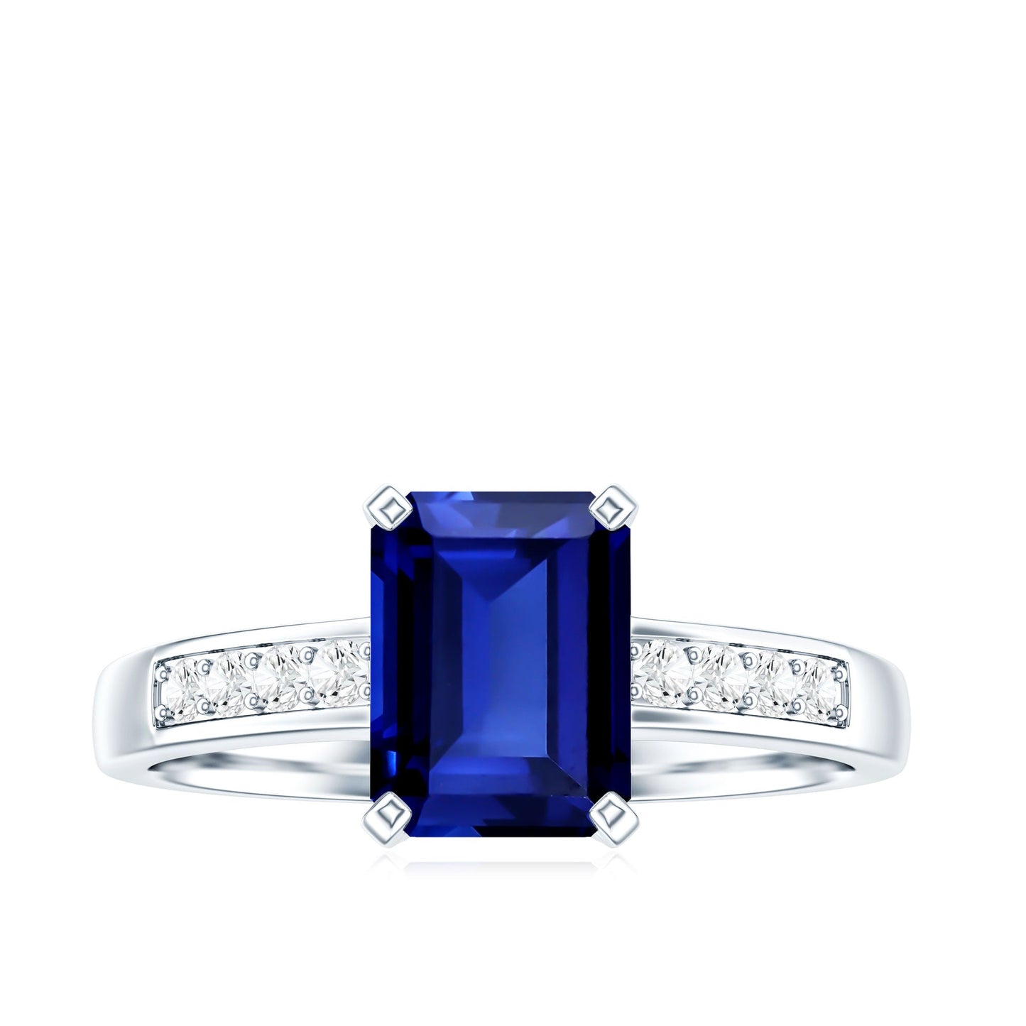 Certified 1.75 Carat Emerald Cut Lab Grown Blue Sapphire Engagement Ring with Diamond