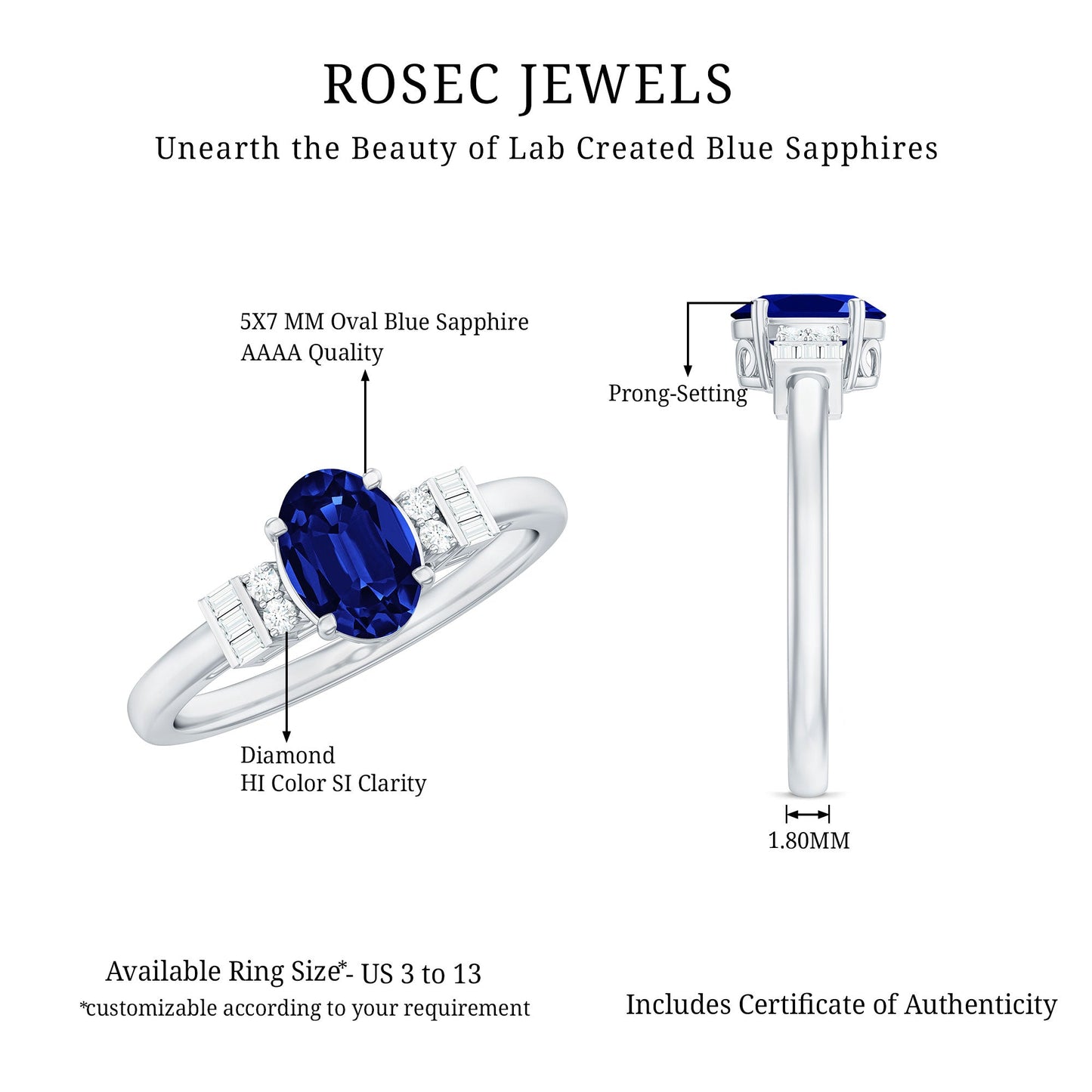 Certified 1 Carat Lab Grown Blue Sapphire Oval Engagement Ring with Diamond