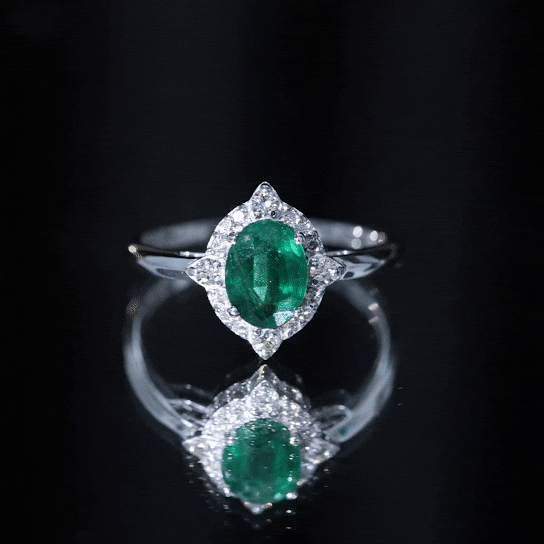 Vintage Looking Emerald Oval Engagement Ring with Diamond Halo