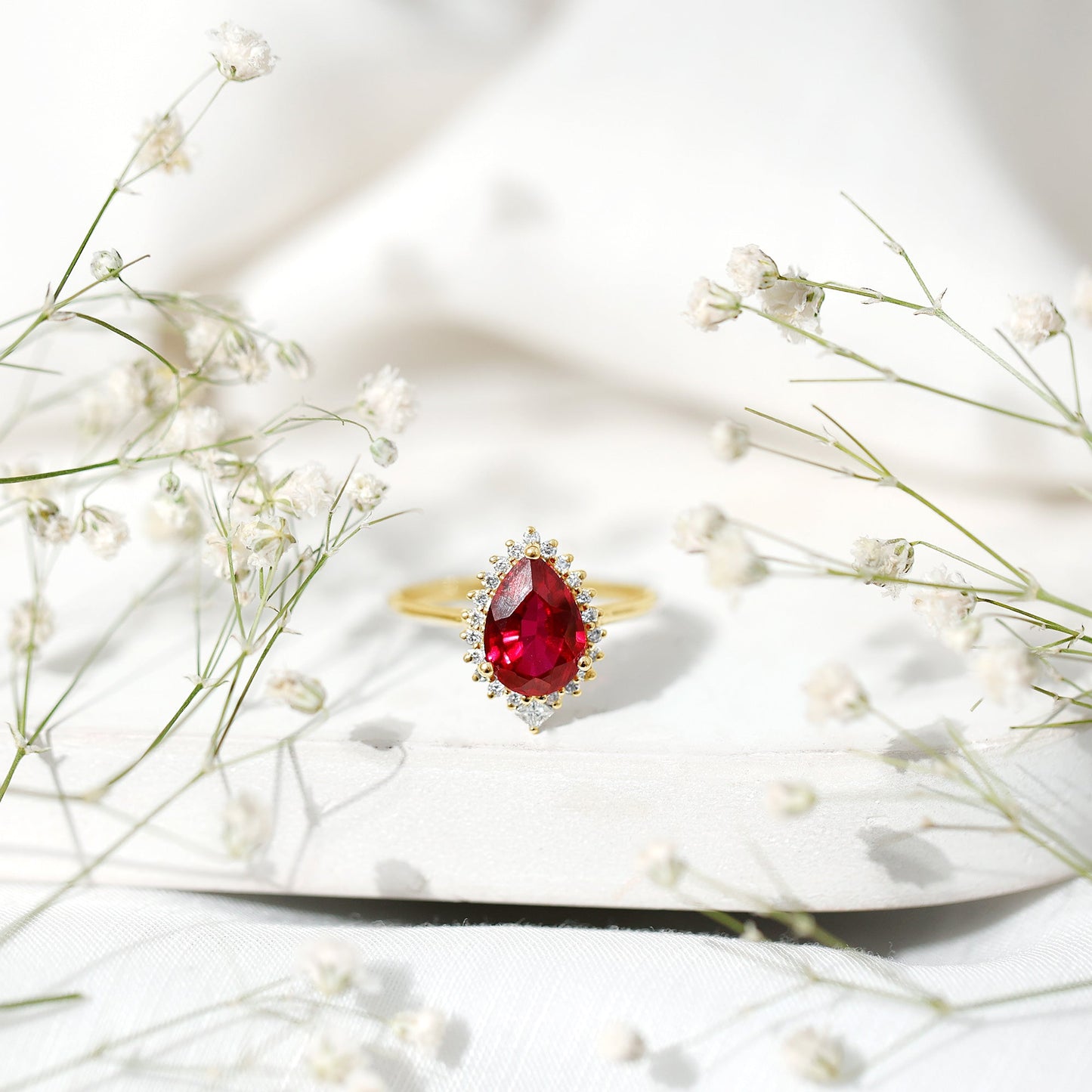Lab Ruby Teardrop Engagement Ring with Diamond Halo