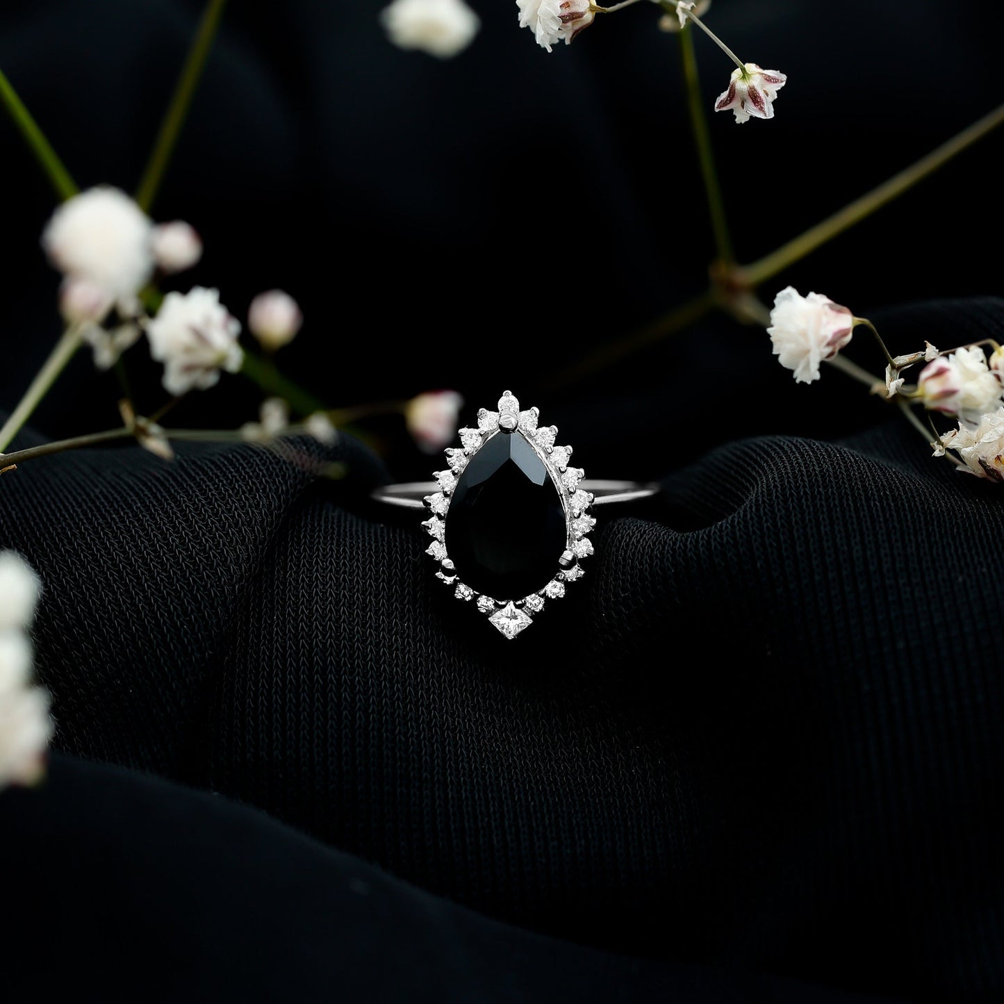 Pear Shaped Black Onyx Big Engagement Ring with Diamond Halo