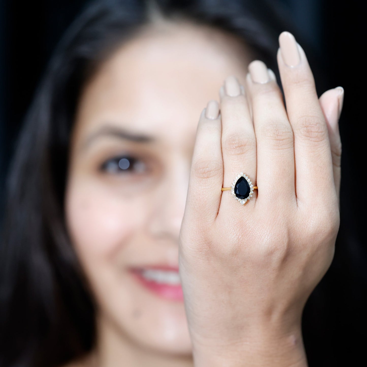 Pear Shaped Black Onyx Big Engagement Ring with Diamond Halo
