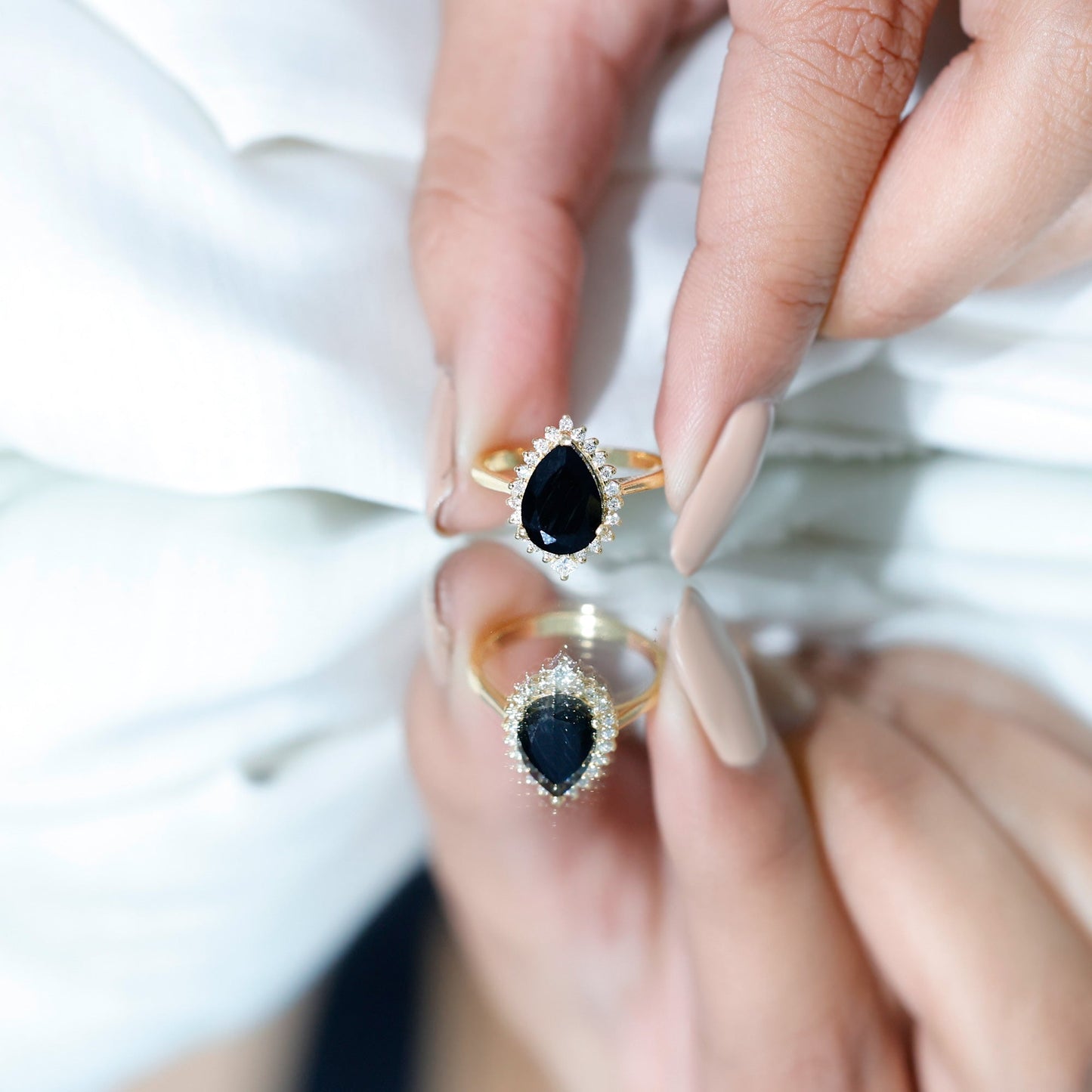 Pear Shaped Black Onyx Big Engagement Ring with Diamond Halo