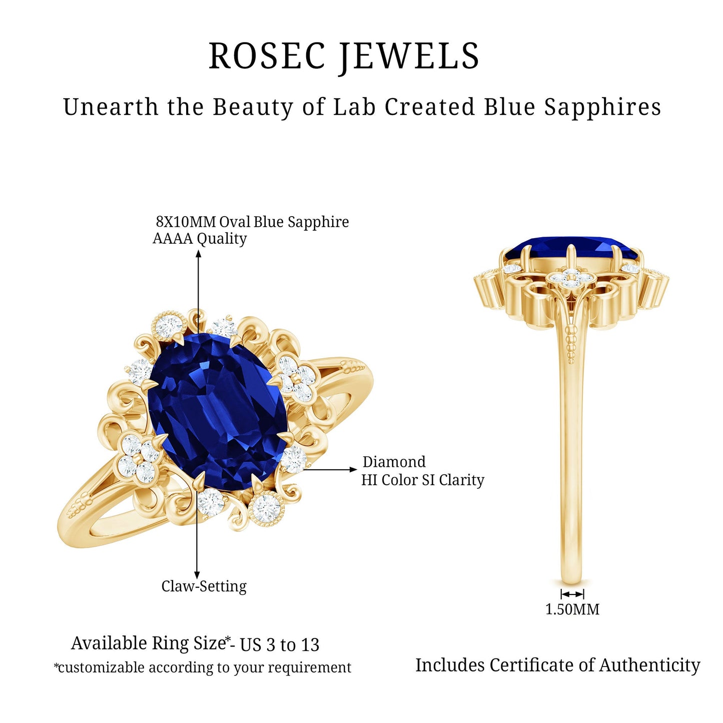 Vintage Style 4 Carat Oval Lab Grown Blue Sapphire Engagement Ring with Diamond
