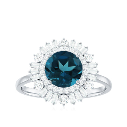 Round London Blue Topaz and Diamond Double Halo Cocktail Ring