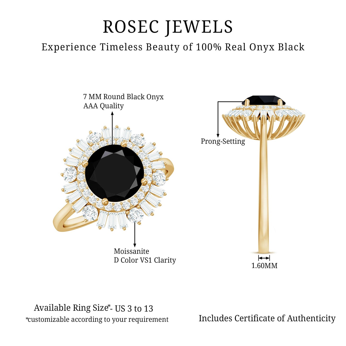 1.2 Carat Round Black Onyx Double Halo Cocktail Ring with Moissanite