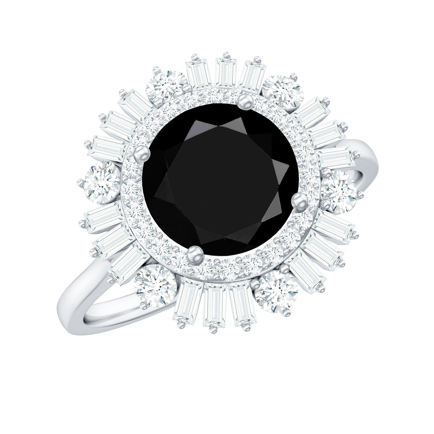 Natural 1.5 Carat Black Spinel Engagement Ring with Double Moissanite Halo