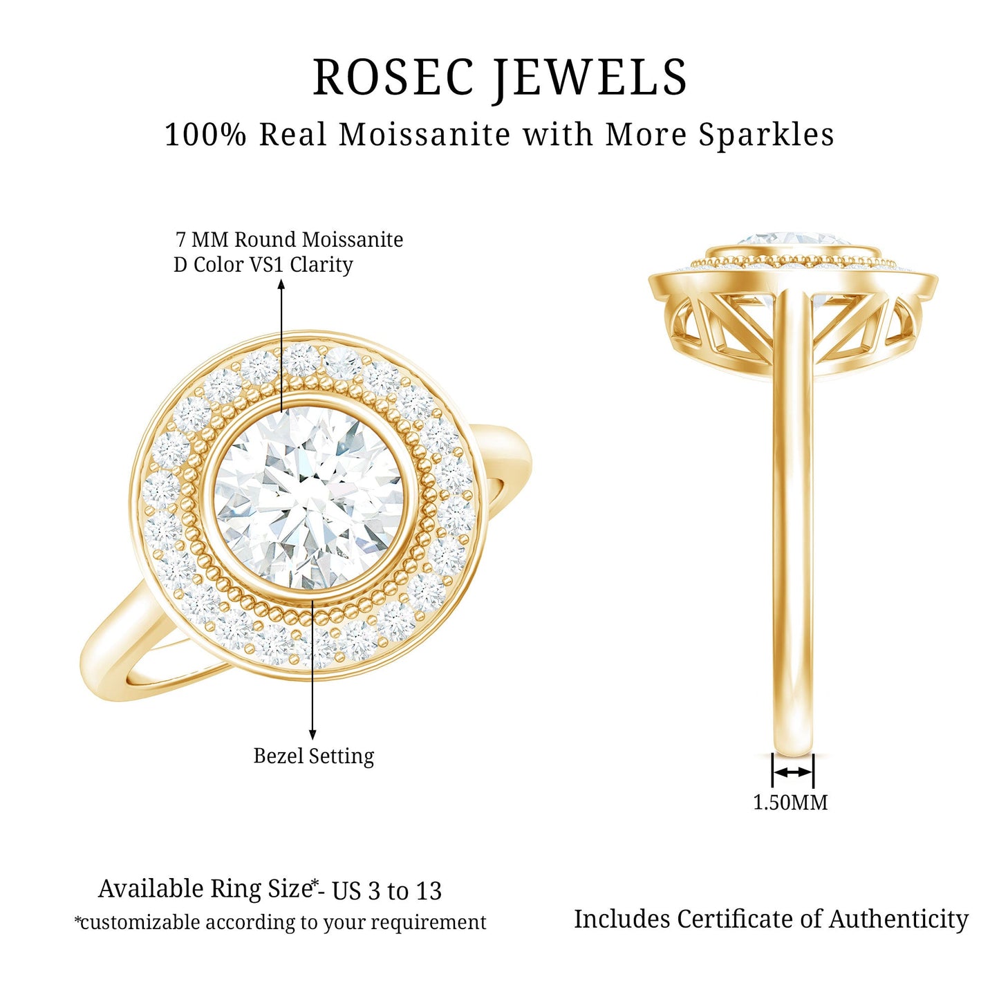 Vintage Inspired Round Moissanite Halo Engagement Ring with Certificate