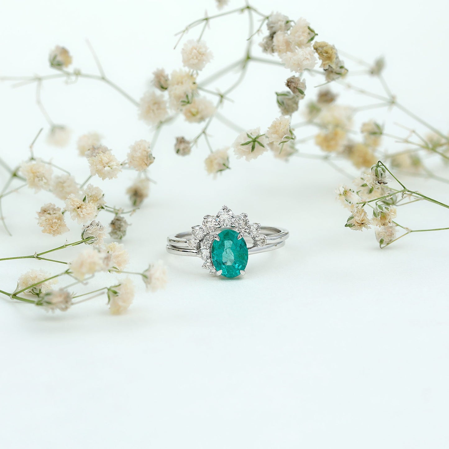 Natural Emerald Wedding Engagement Ring Set with Diamond