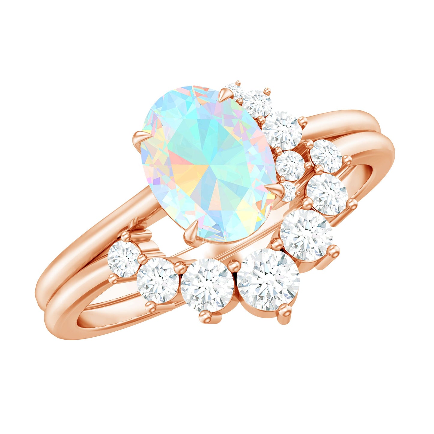 Real Ethiopian Opal Diamond Oval Engagement Ring and Wedding Band Set