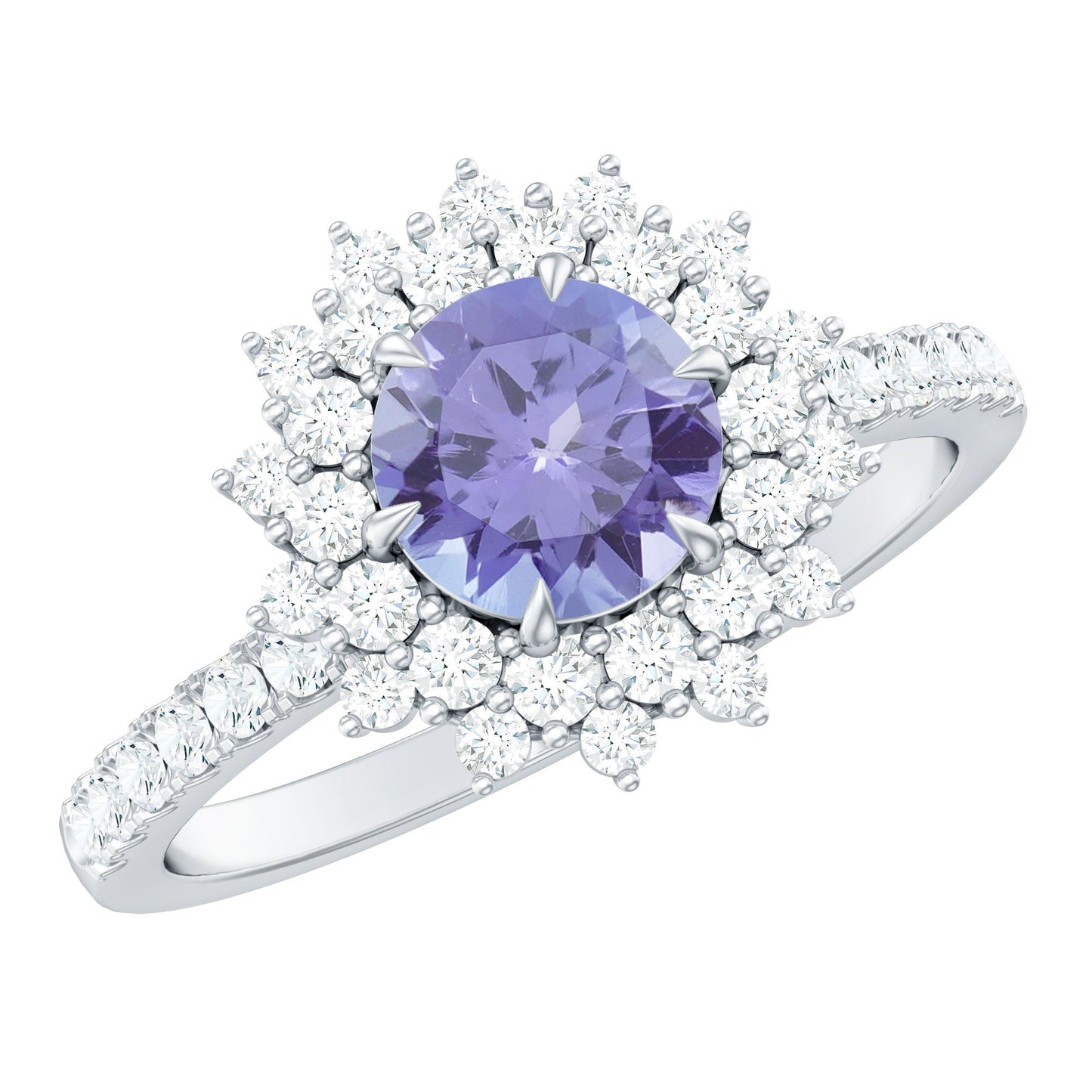 Natural Tanzanite Diamond Engagement Ring with Double Halo