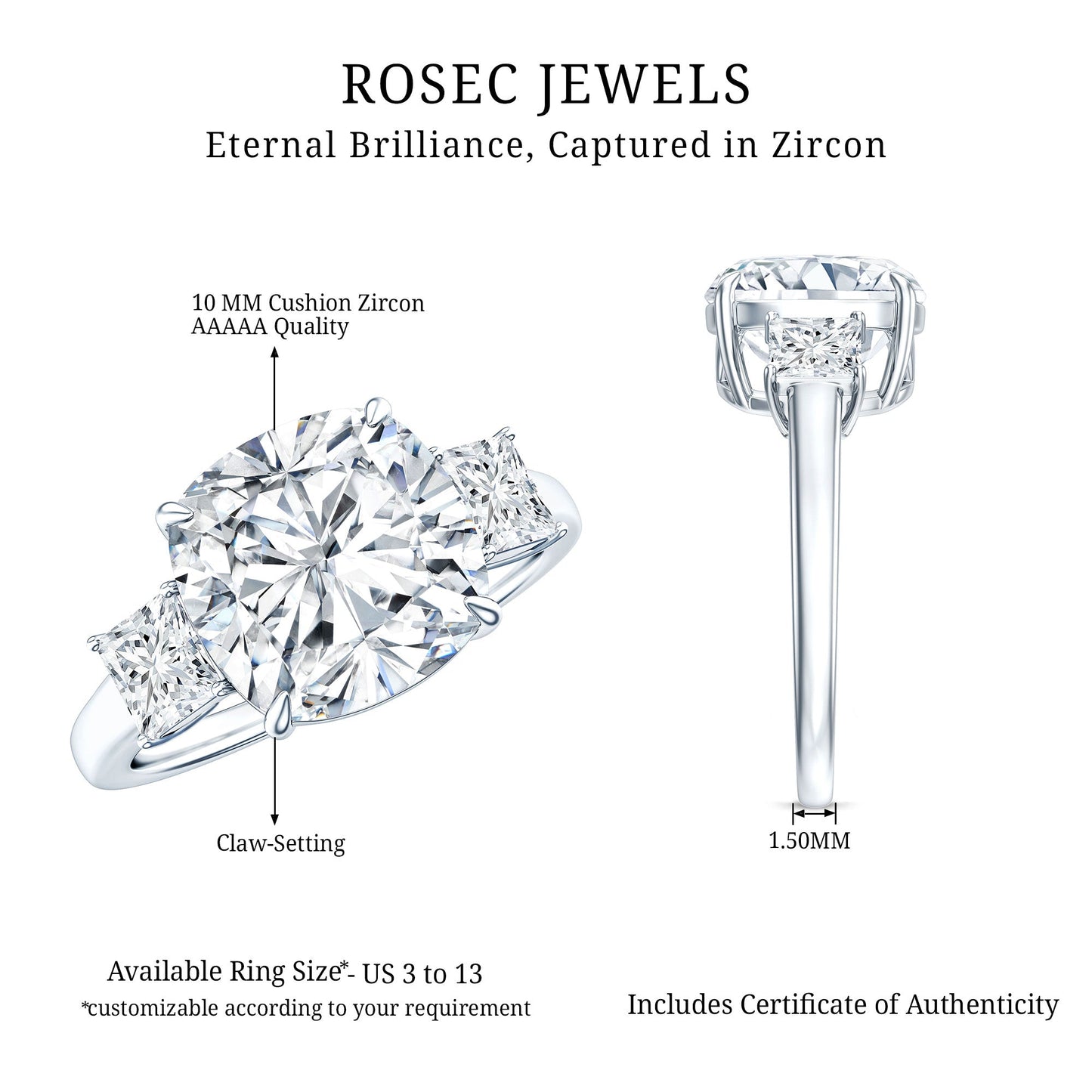 Certified 6 Carat Cubic Zirconia Three Stone Engagement Ring