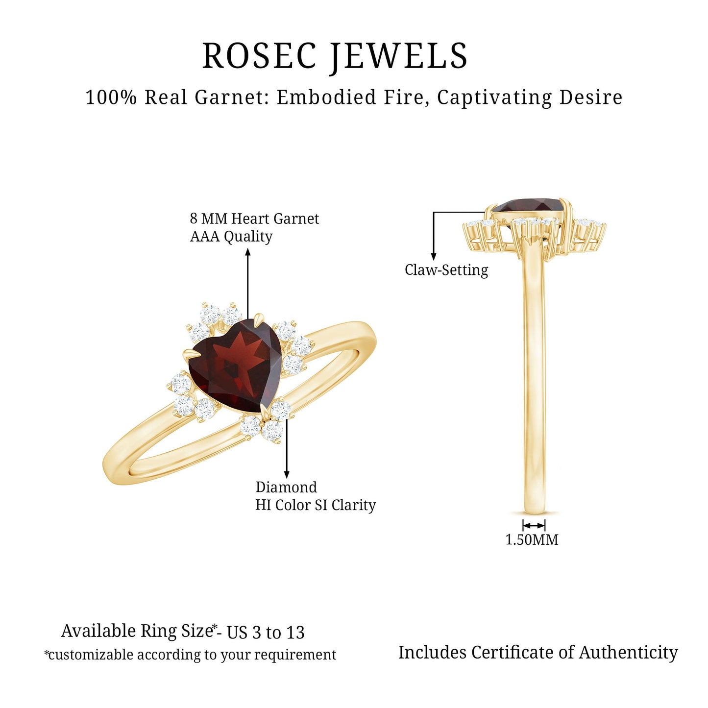Certified Real Garnet Heart Engagement Ring with Diamond