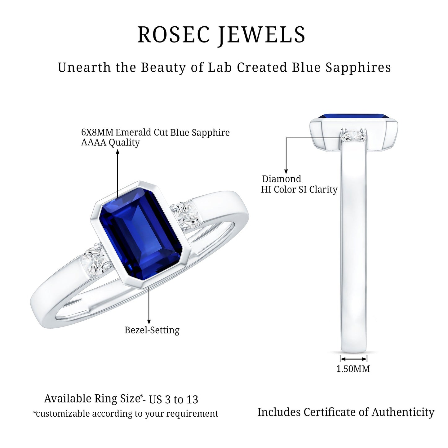 Bezel Set 1.75 Carat Lab Grown Blue Sapphire Emerald Cut Engagement Ring with Diamond