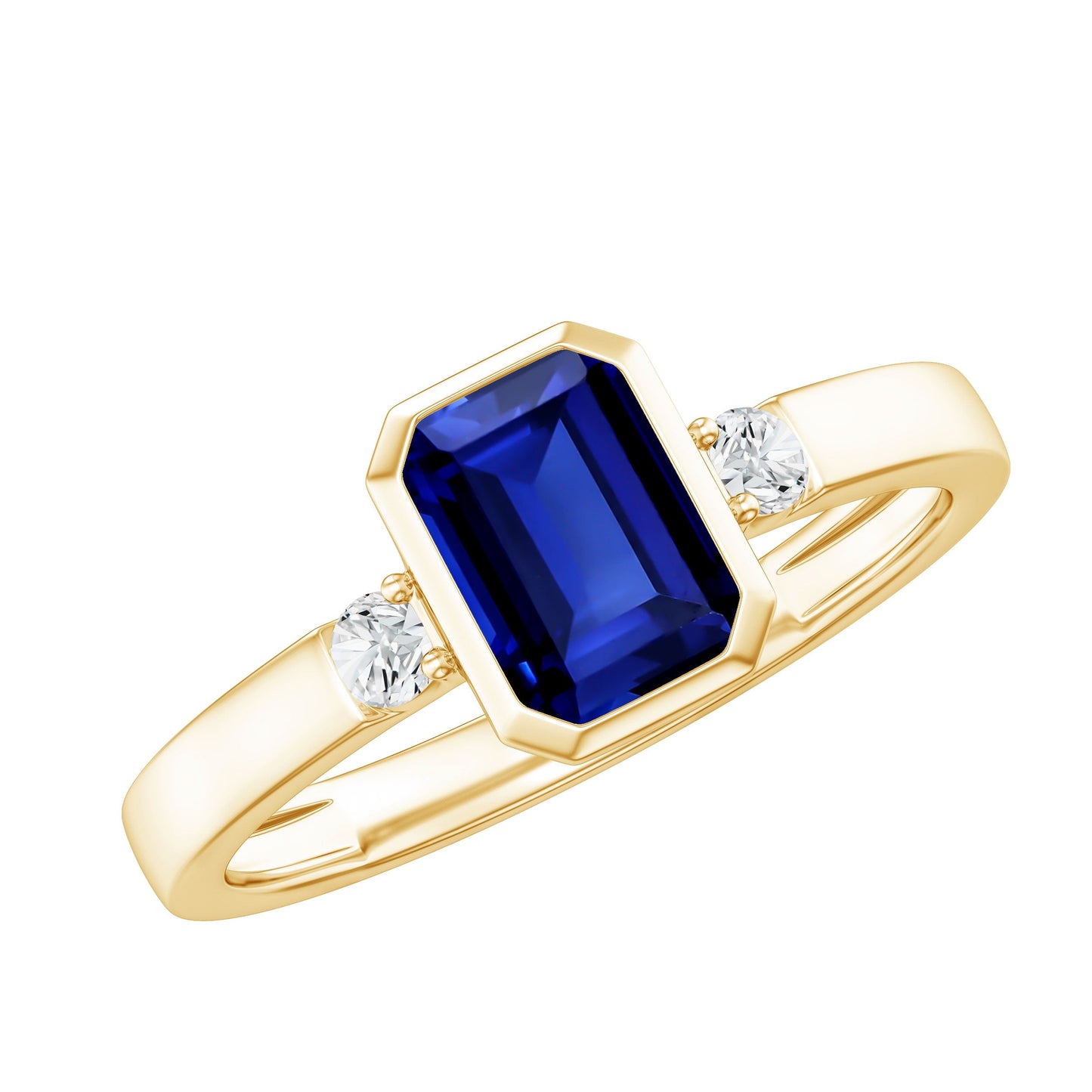 Bezel Set 1.75 Carat Lab Grown Blue Sapphire Emerald Cut Engagement Ring with Diamond