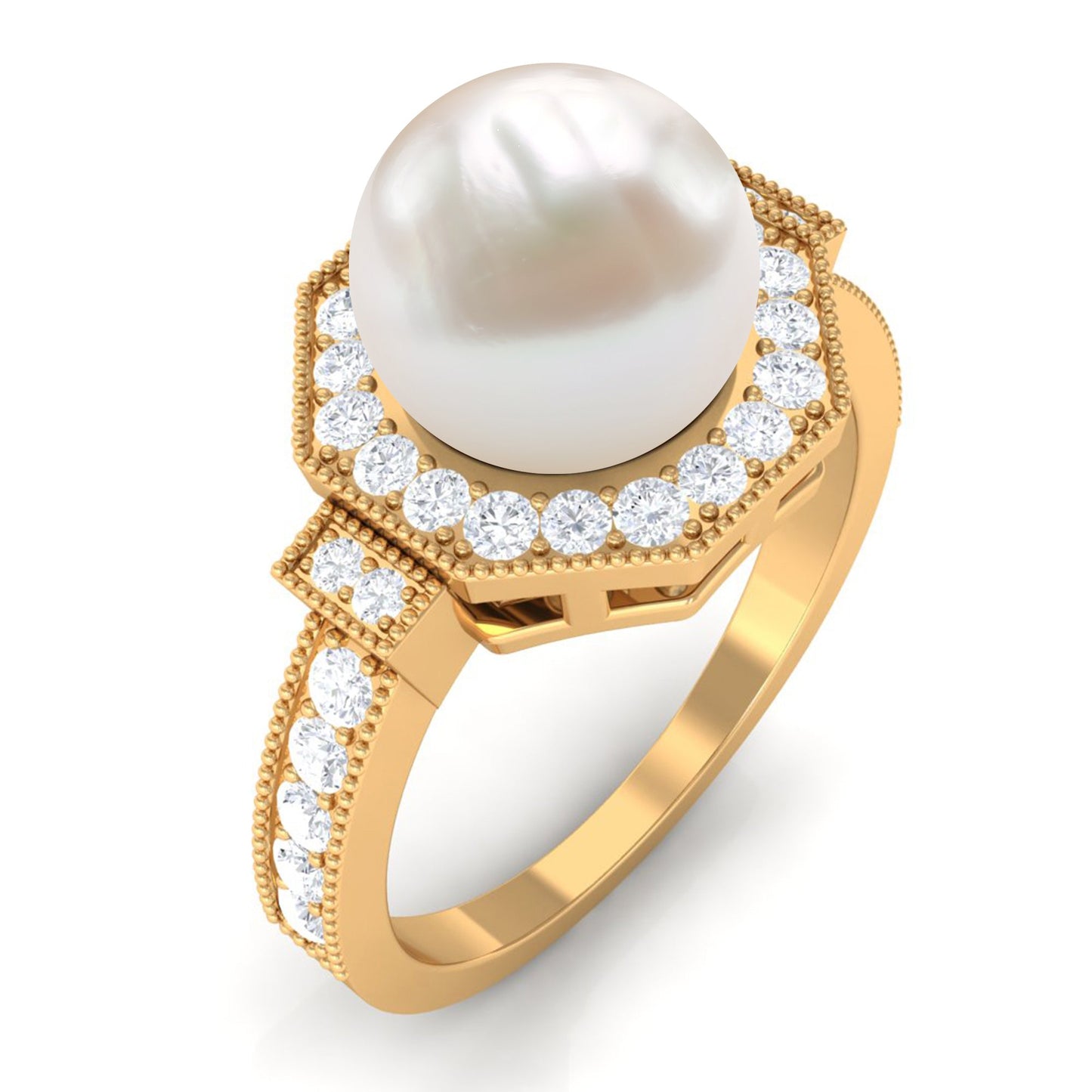 Art Deco Inspired 7.4 Carat Freshwater Pearl Engagement Ring with Diamond Halo