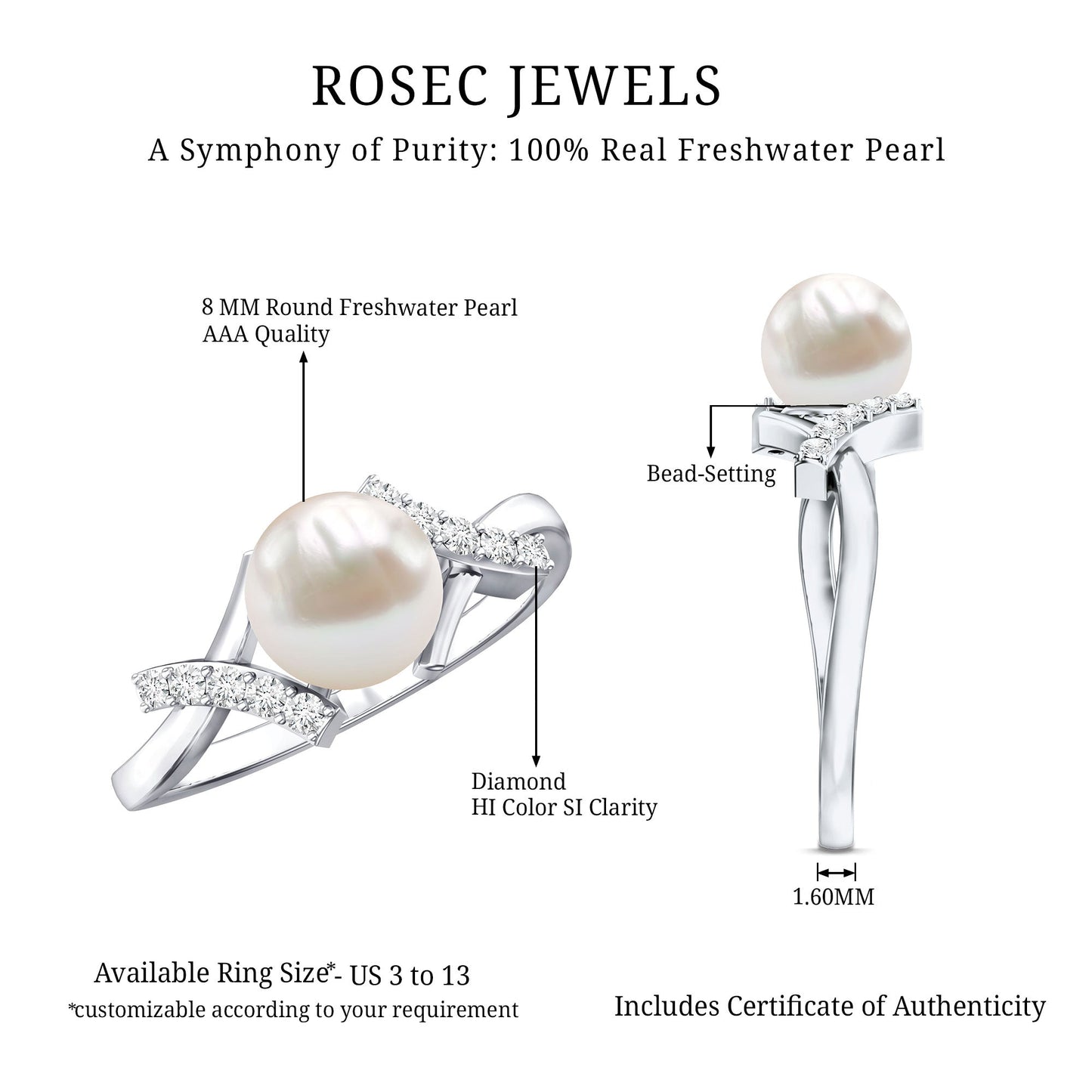 Pure Freshwater Pearl Solitaire Crossover Ring with Diamond
