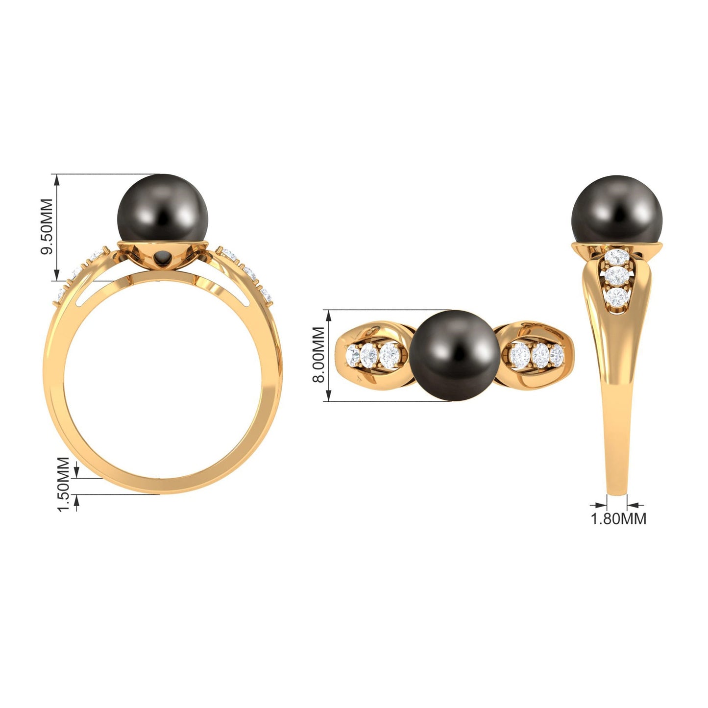 Solitaire Tahitian Pearl Engagement Ring with Diamond Side Stones