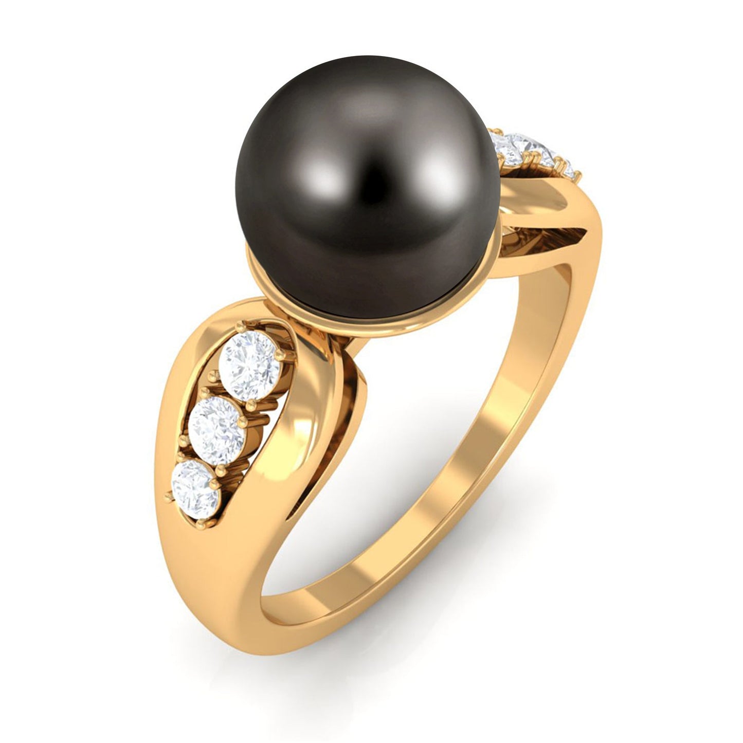 Solitaire Tahitian Pearl Engagement Ring with Diamond Side Stones