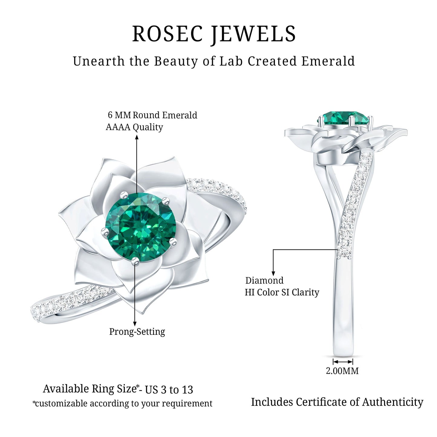 Certified Lab Grown Emerald Diamond Flower Engagement Ring with Bypass Shank