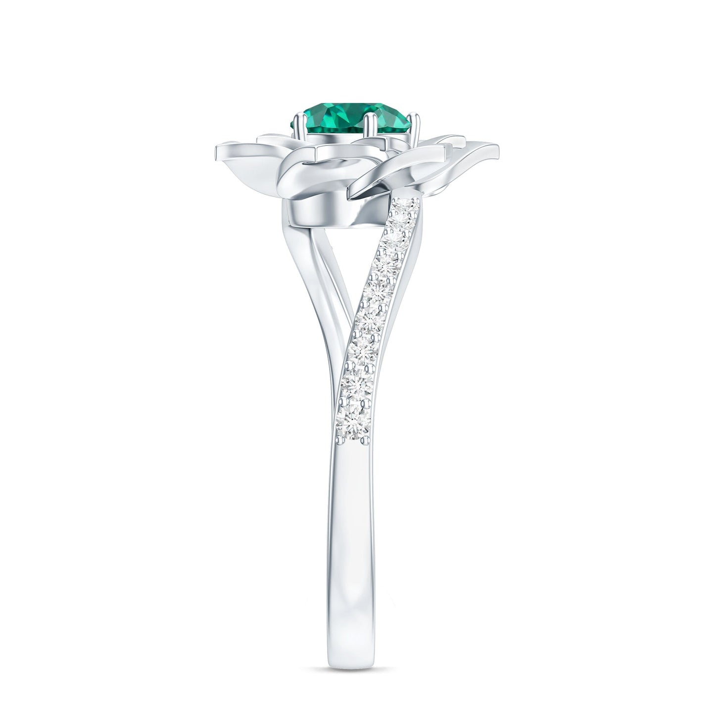 Certified Lab Grown Emerald Diamond Flower Engagement Ring with Bypass Shank