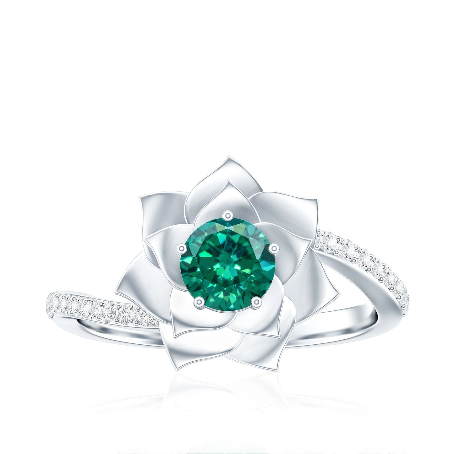 Certified Lab Grown Emerald Diamond Flower Engagement Ring with Bypass Shank