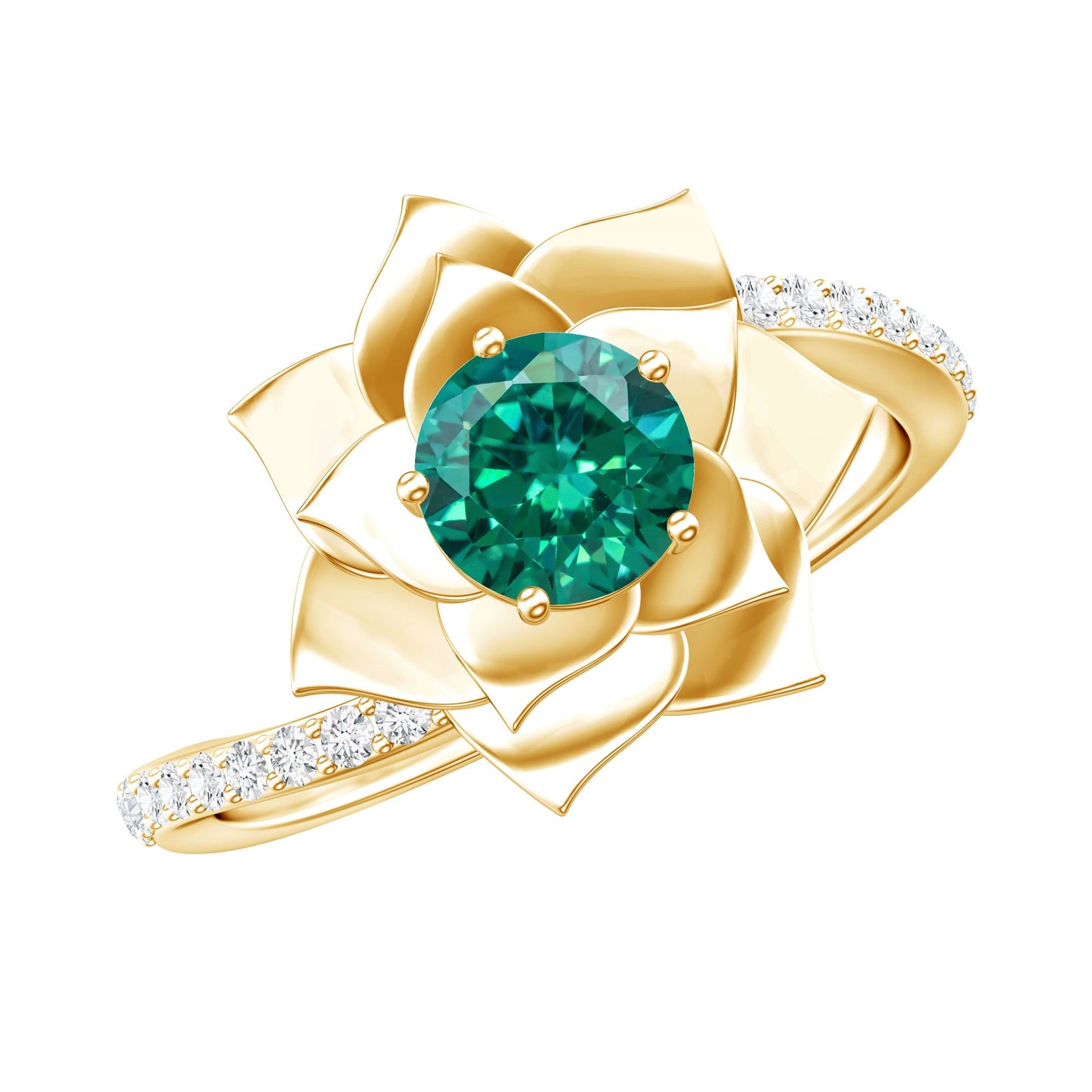 Certified Lab Grown Emerald Diamond Flower Engagement Ring with Bypass Shank