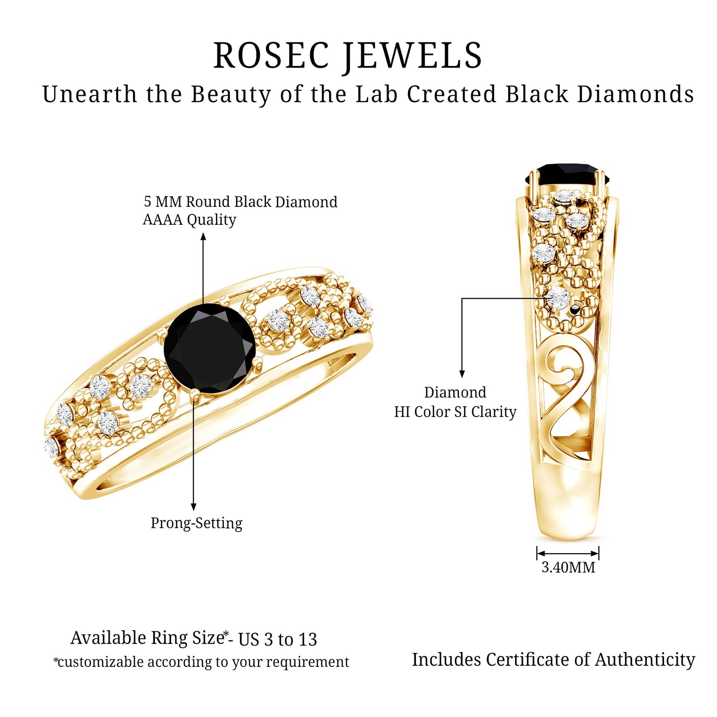 Vintage Inspired 0.8 Carat Lab Grown Black and White Diamond Engagement Ring