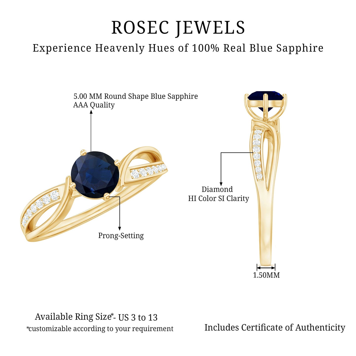 Real 0.95 Carat Round Blue Sapphire Infinity Engagement Ring with Diamond