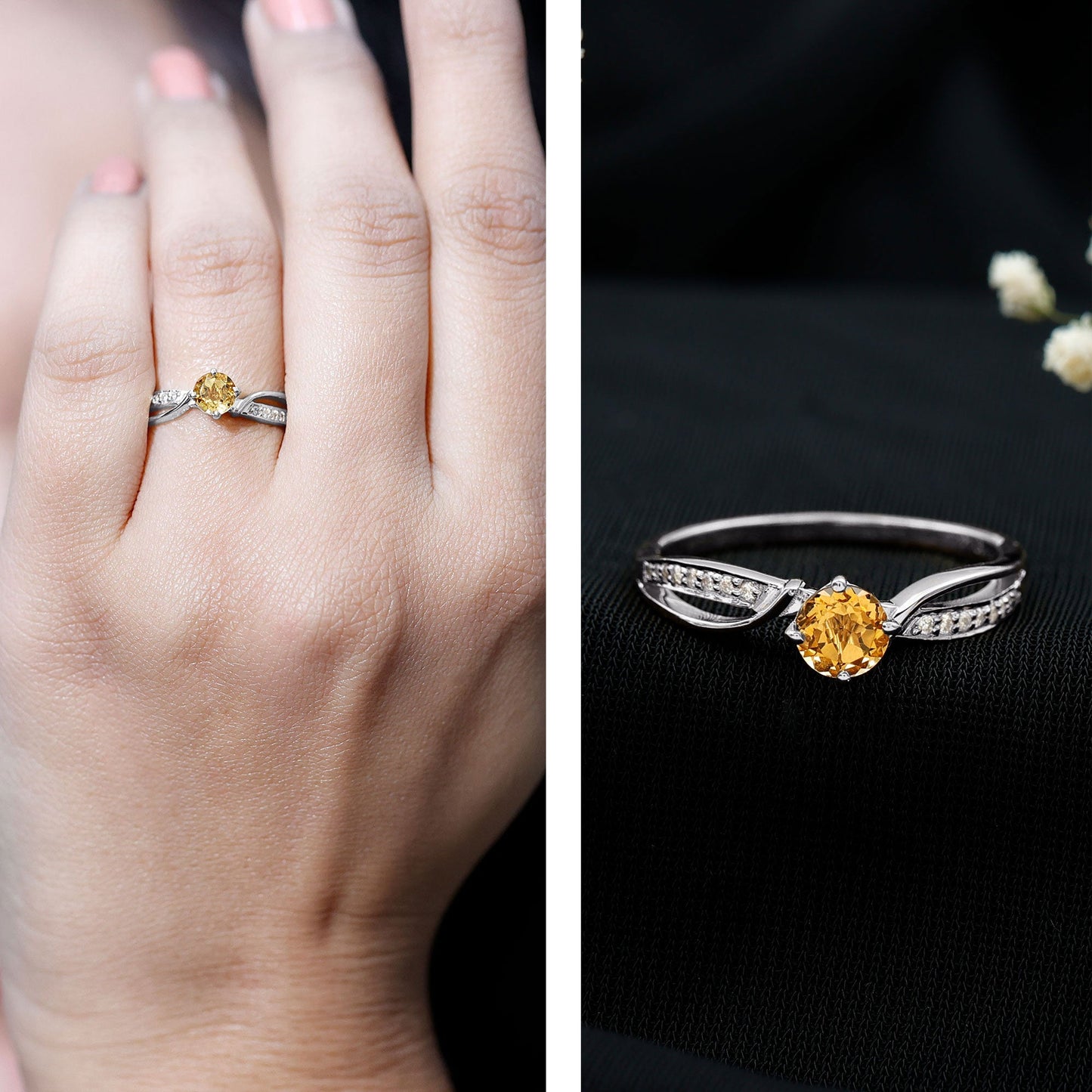 Natural Citrine Engagement Ring with Diamond Crossover Shank