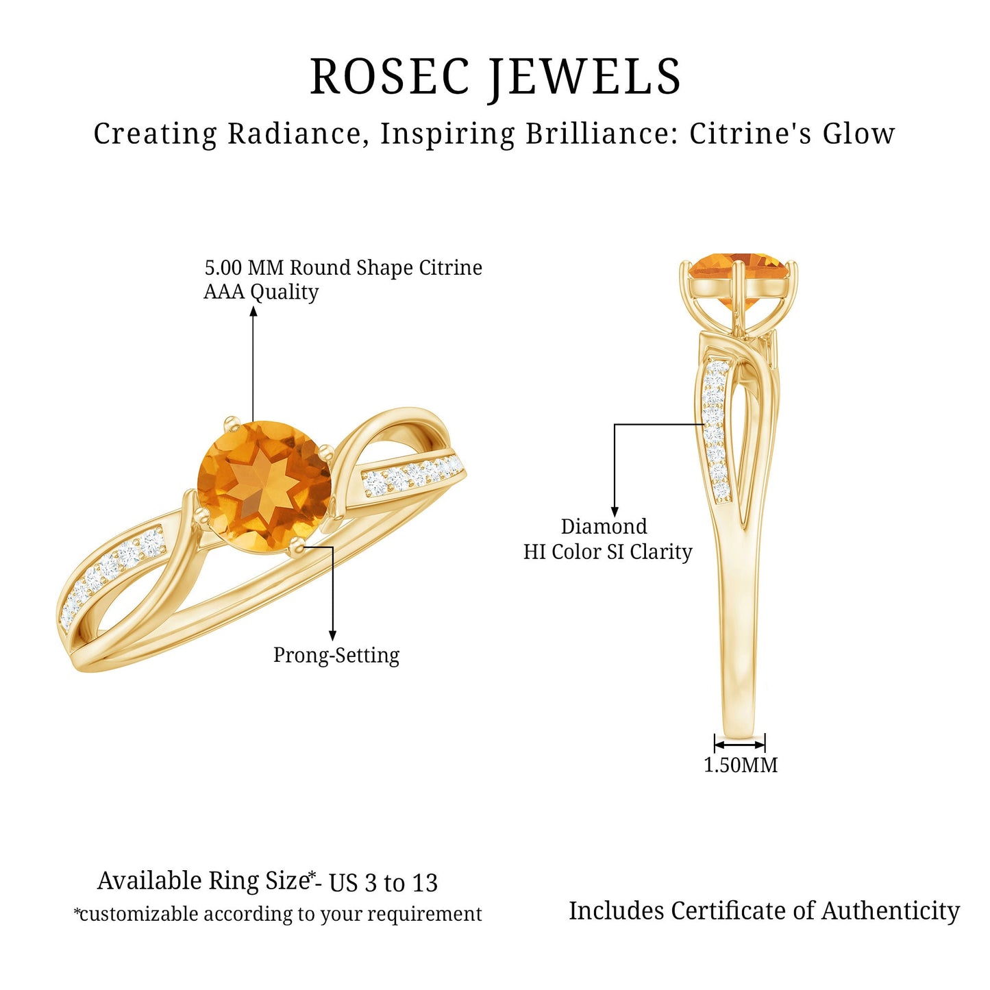 Natural Citrine Engagement Ring with Diamond Crossover Shank
