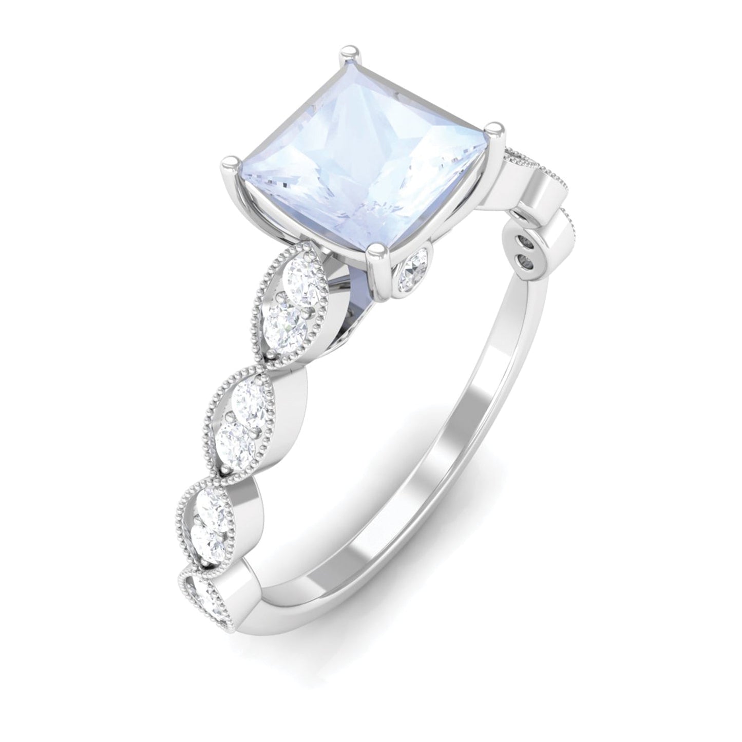 0.5 Carat Princess Cut Moonstone Solitaire Ring with Diamond Side Stones
